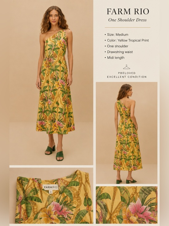 FARM Rio Dresses & Skirts - Farm Rio Yellow Tropical Paradise One-Shoulder Maxi Dress Size Medium